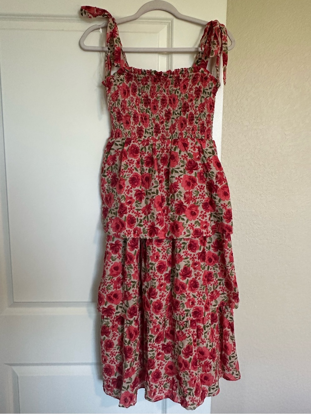 Crystal Doll - Red Floral Tiered Sundress with Tie Straps